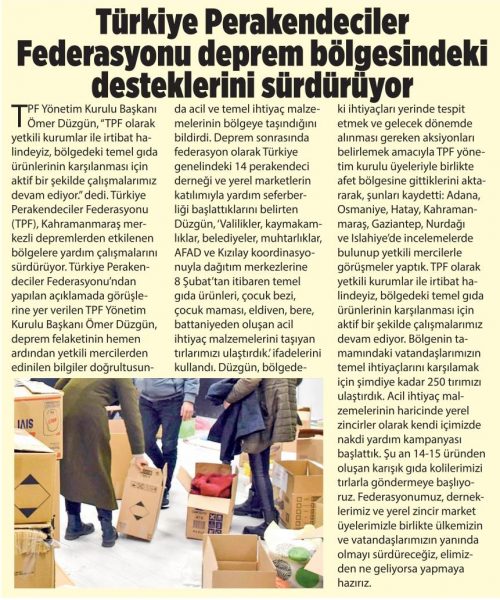 TPF’nin depreme destekleri sürüyor